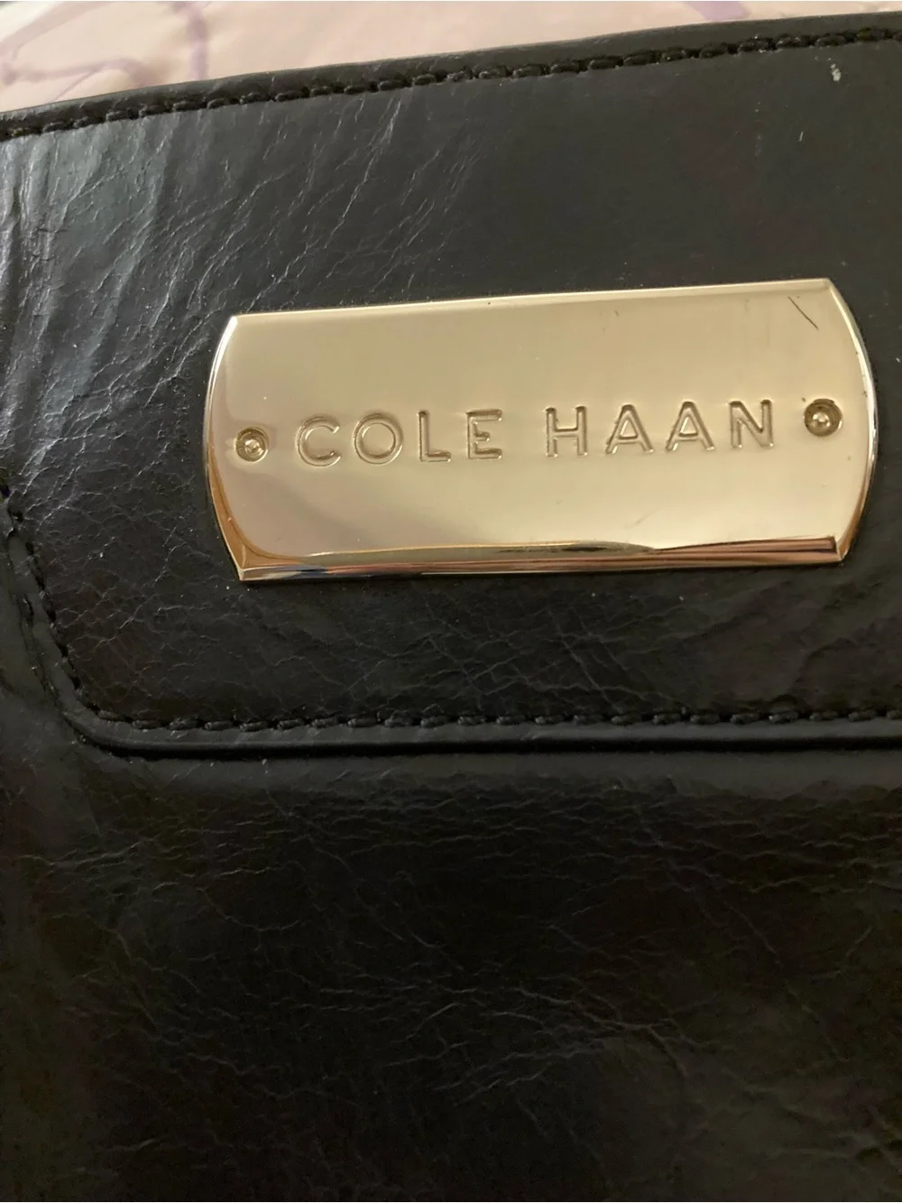 Cole Haan Black Leather Structured Briefcase with Gold Plate